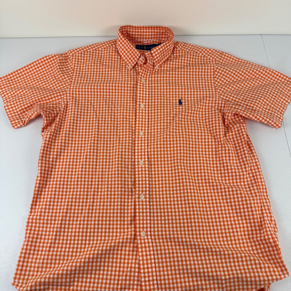 Ralph Lauren Mens Orange Gingham Checkered Short Sleeve Button Down Shirt Large‎